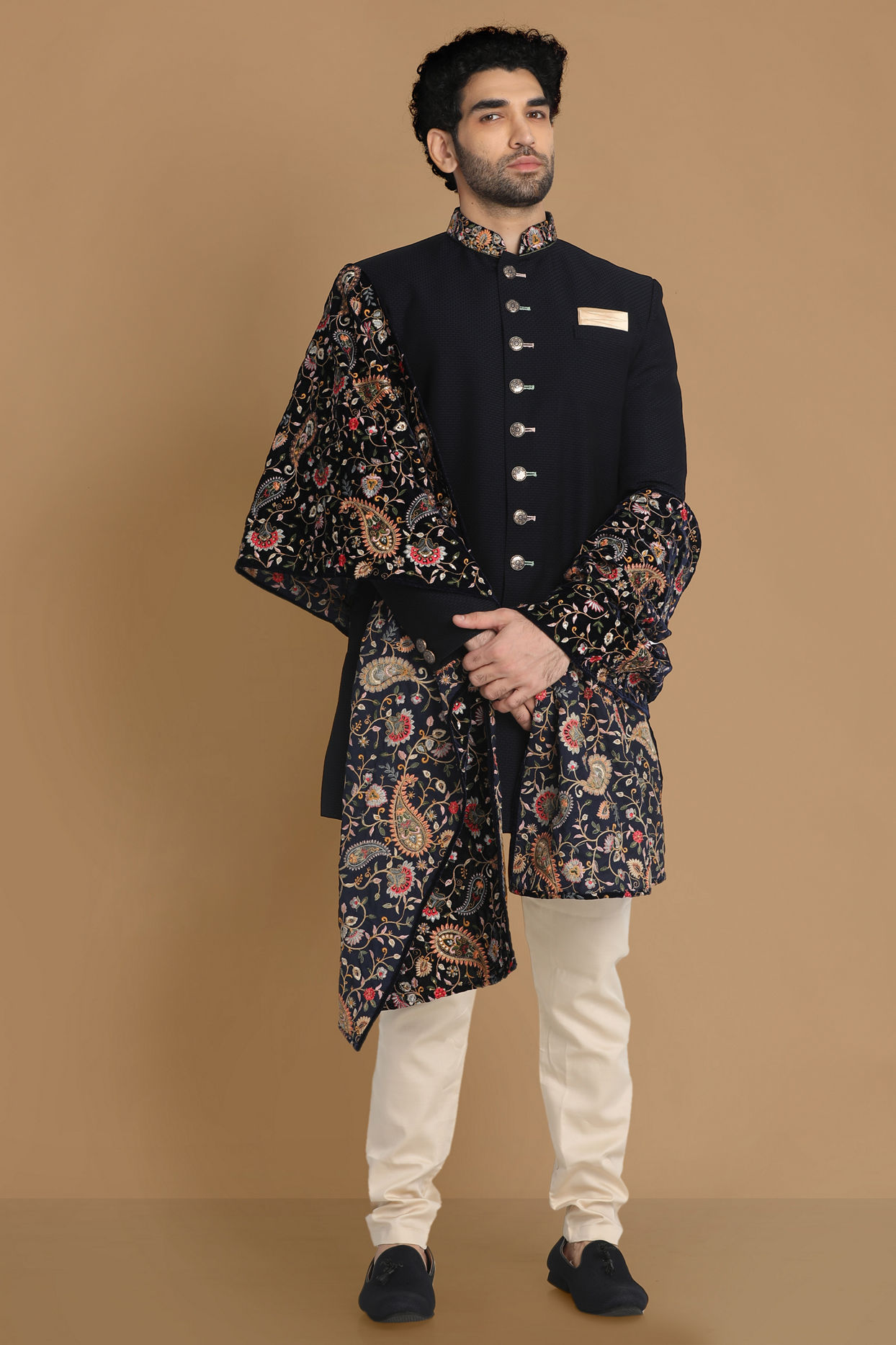 alt message - Manyavar Men Classy Blue Indo Western Set image number 1